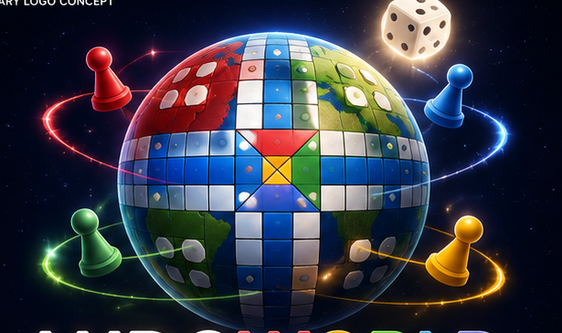 LudoWorld globe — a Ludo board wrapped around the world with orbiting tokens and a dice moon